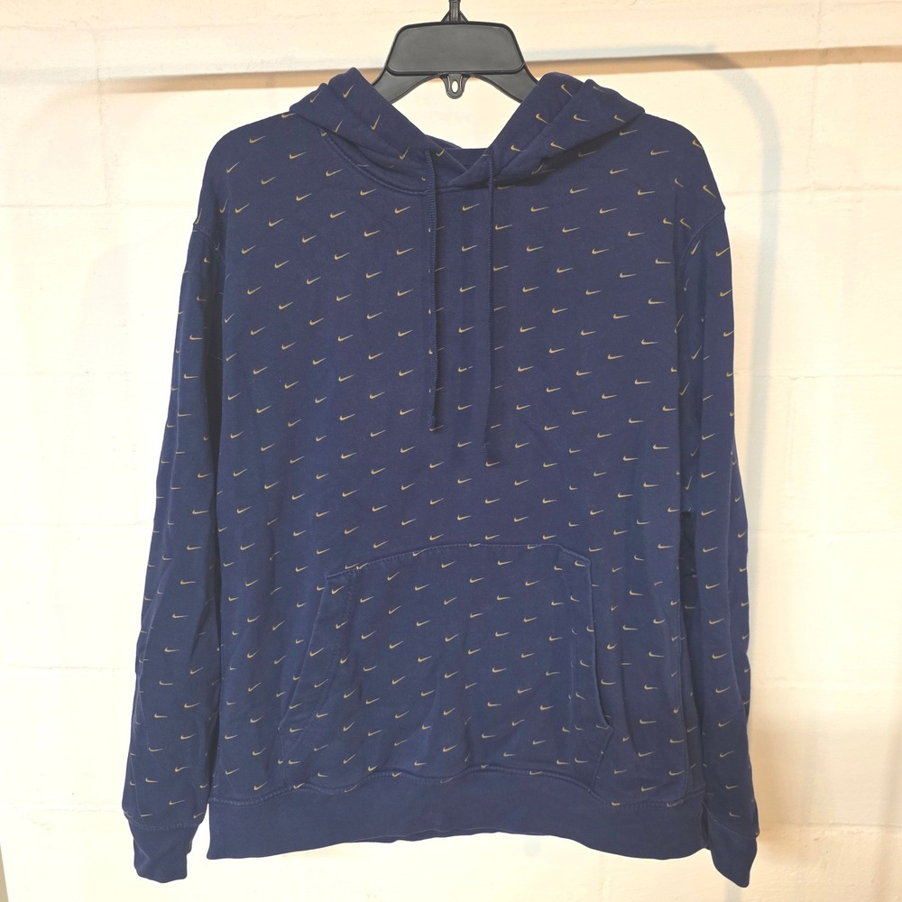 Nike Mens XL Navy Blue Gold All Over Mini Swoosh Logo Pullover Hoodie Fleece